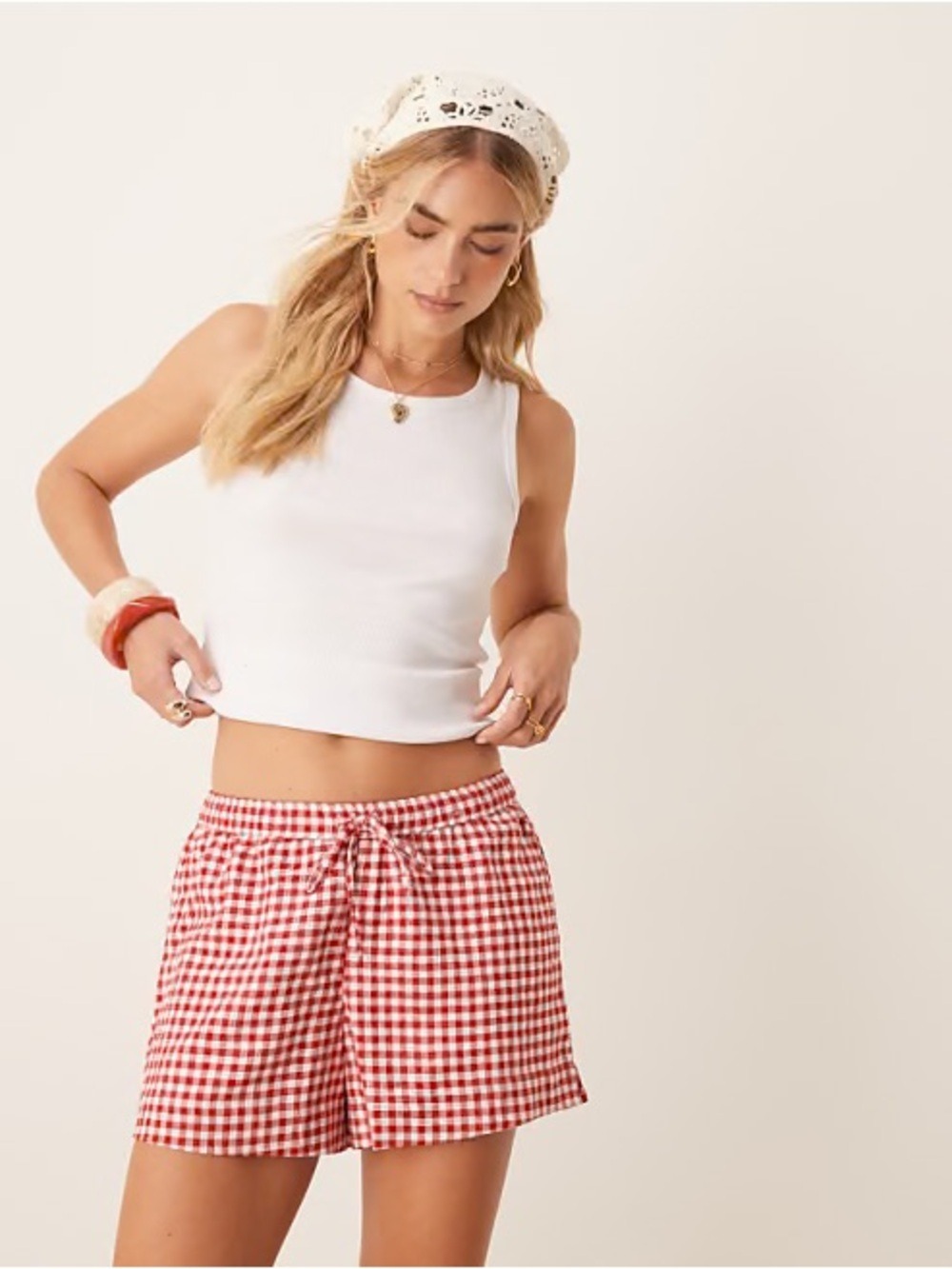 Abercrombie & Fitch Tie Elastic waist linen shorts in red gingham